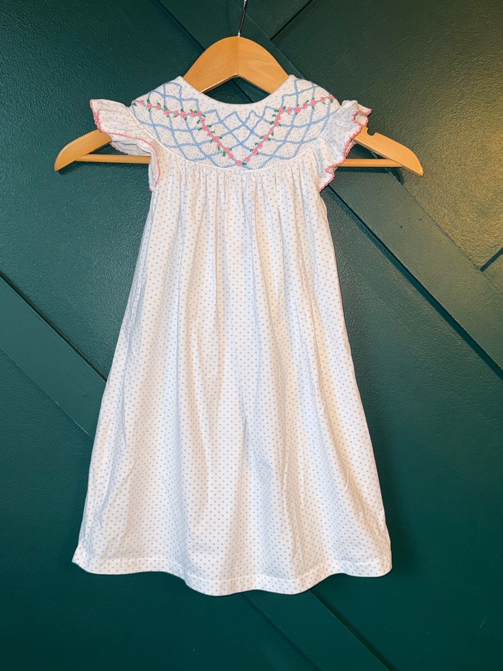 White Smocked Girls' Dress with Pink & Blue Embroidery Gingham